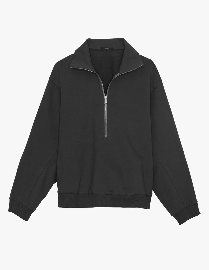 Araks Vivienne black long-sleeve quarter-zip sweatshirt with a collar, laid flat against a solid white background.