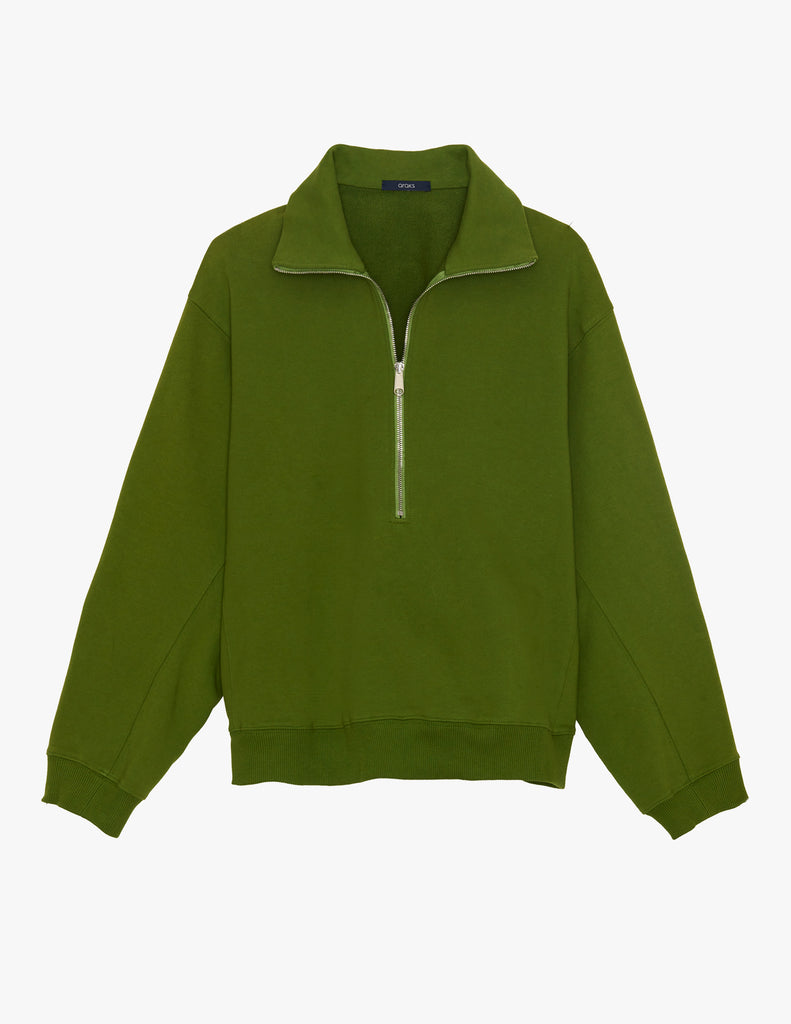 A flat lay image of the Araks Vivienne zip up sweatshirt in the shade Moss. 