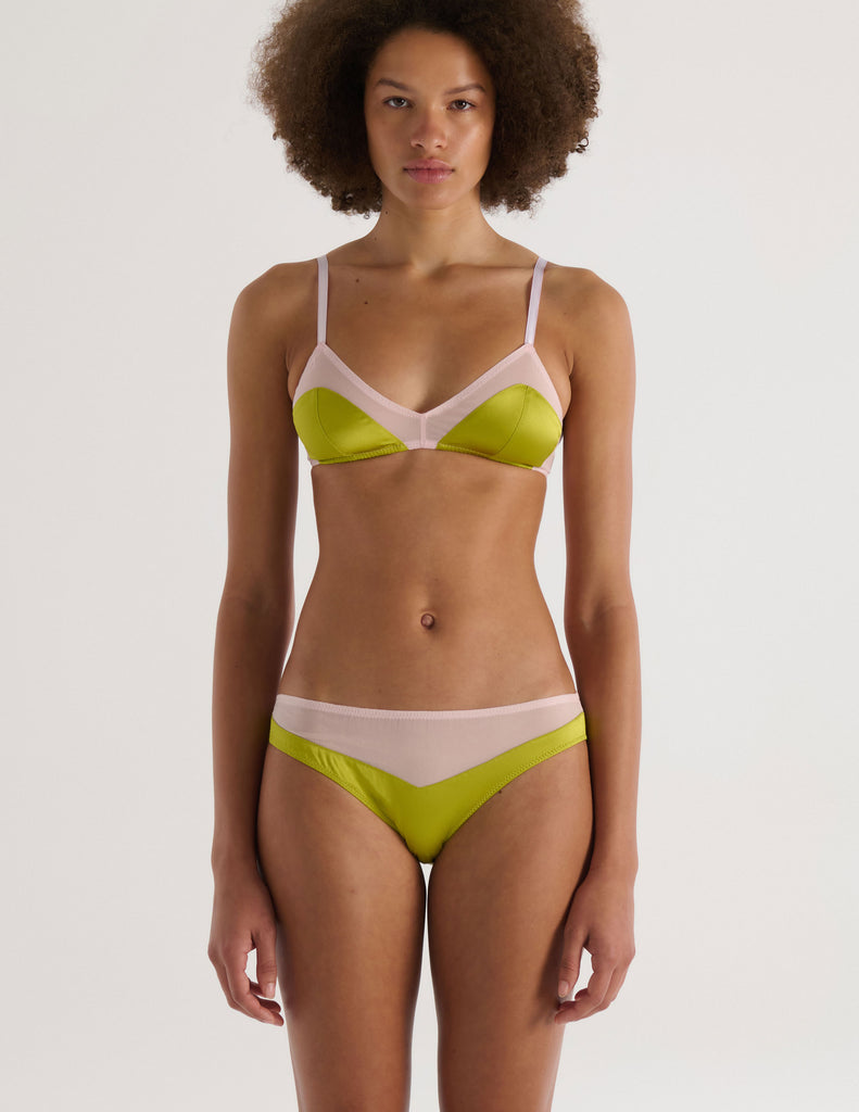 A model in the araks silk charmeuse and silk chiffon beatrice bralette and aaron panty in confection pink