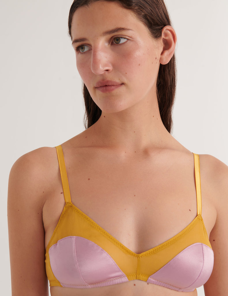 A model in the araks silk beatrice bralette and aaron panty in empress purple and yellow