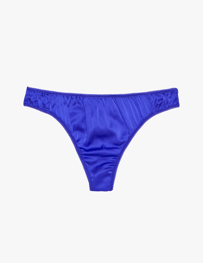 The 100% silk charmeuse grier thong in tanzanite blue