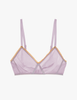 A flat lay image of the araks organic cotton antonia bralette in fairy lavender