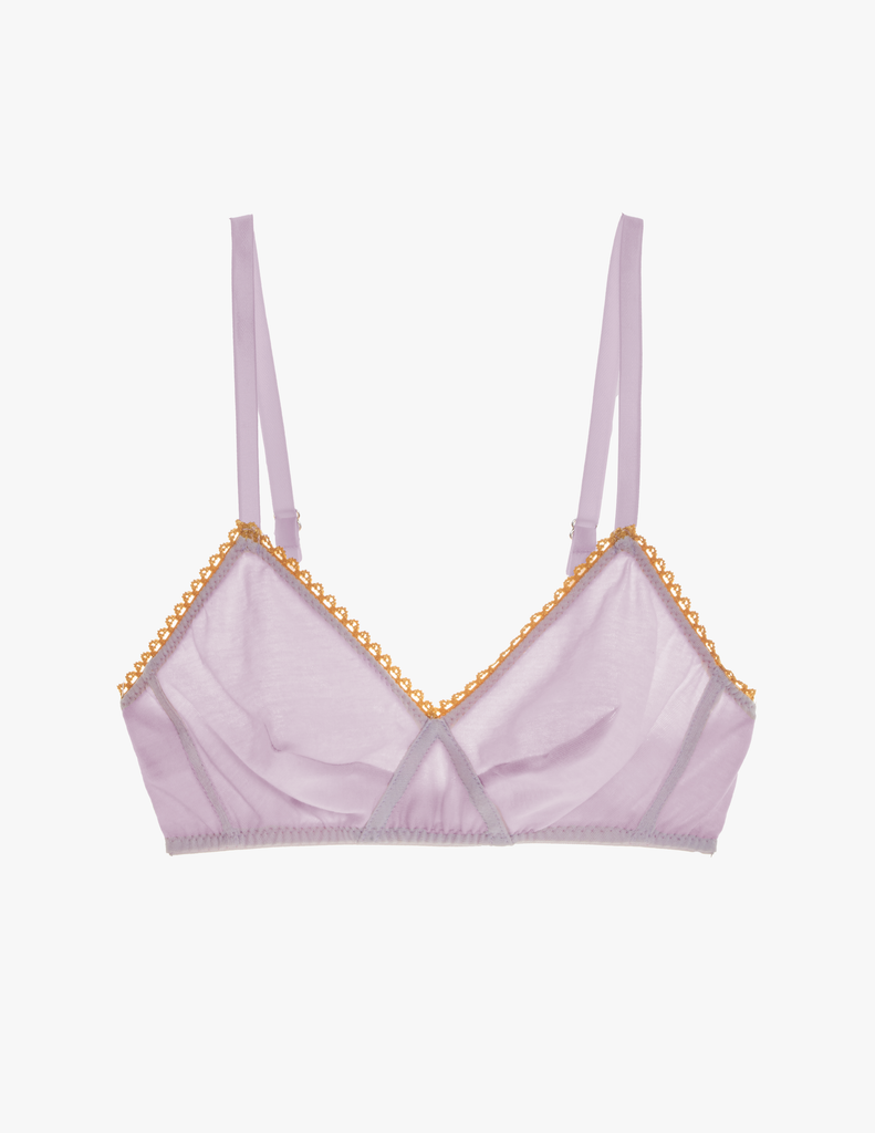 A flat lay image of the araks organic cotton antonia bralette in fairy lavender