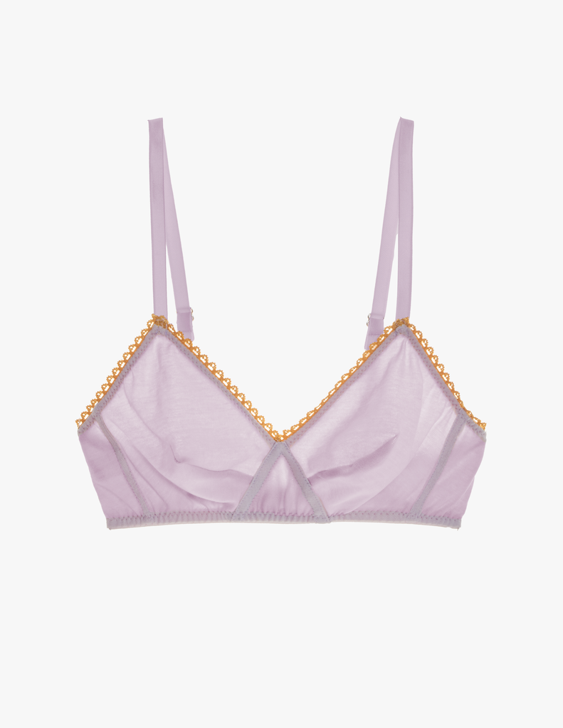 A flat lay image of the araks organic cotton antonia bralette in fairy lavender