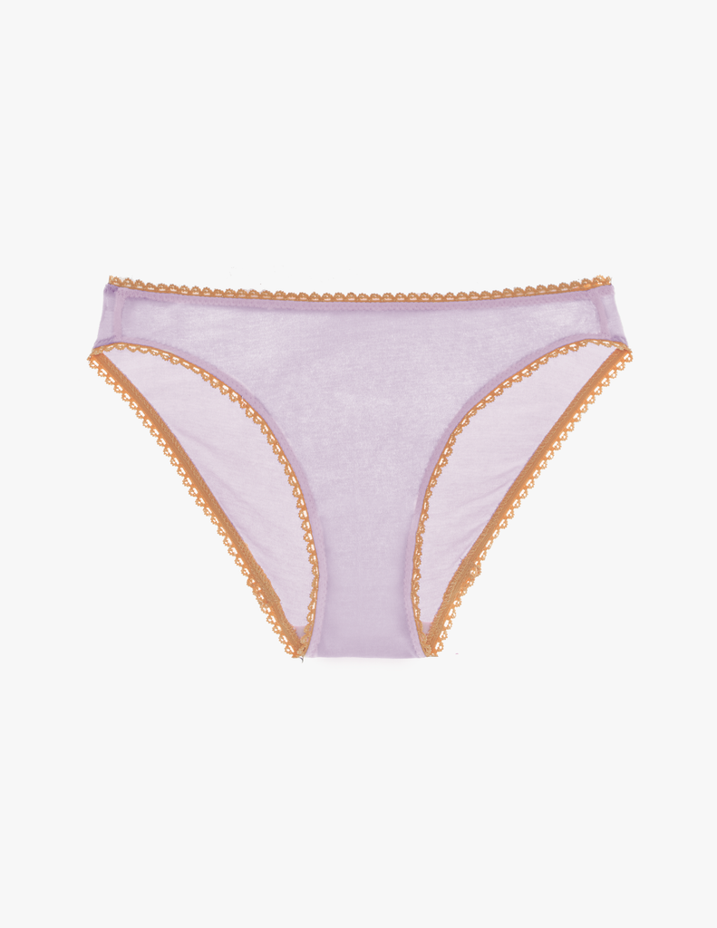 a flat lay image of the araks organic cotton isabella panty in fairy lavender