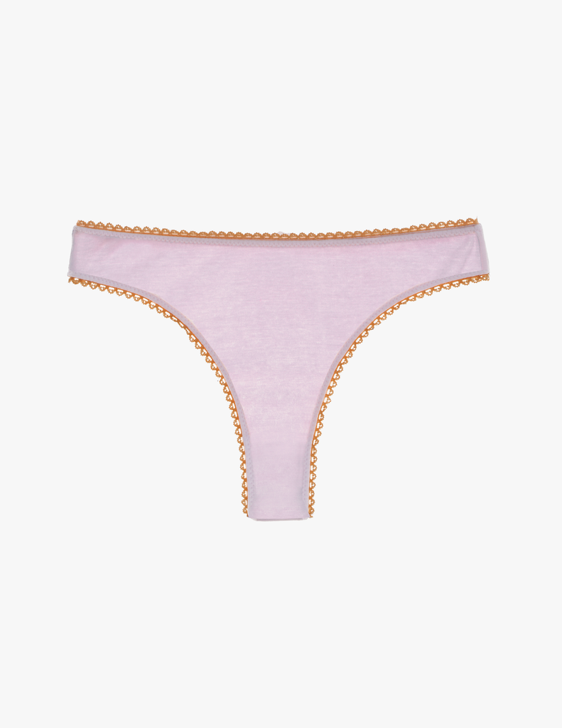 A flat lay image of the araks 100% organic cotton stella thong in fairy lavender 