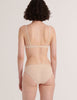 back of Woman wearing a Araks Cream cotton Chloe bra with lavendar lace trim