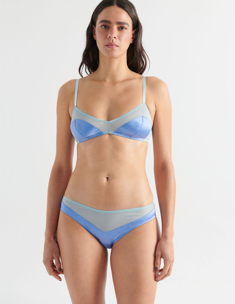 Woman in Blue Silk and Chiffon Bralette and panty