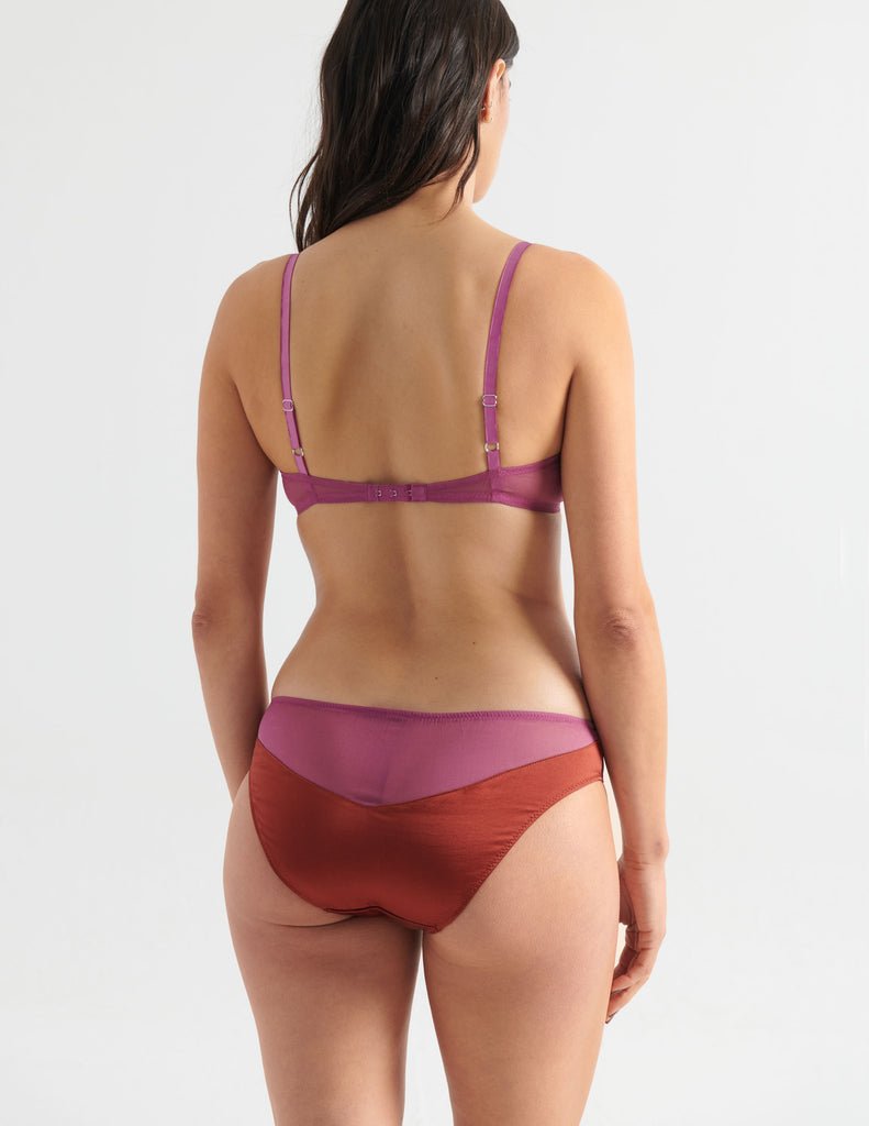Back of woman in brick and mauve silk bralette and panty