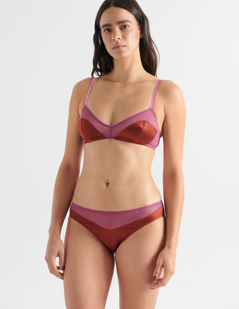 woman in brick and mauve silk bralette and panty