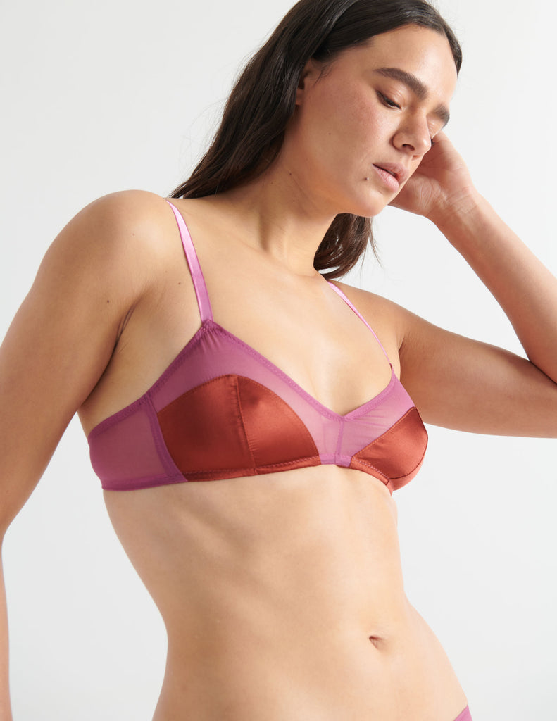 Closeup of woman in brick and mauve silk bralette and panty
