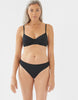 On model image of black, organic cotton thong and bra. 