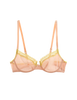 Flat image of soft peach colored underwire bra made from soft cotton with a yellow cotton lace trim.