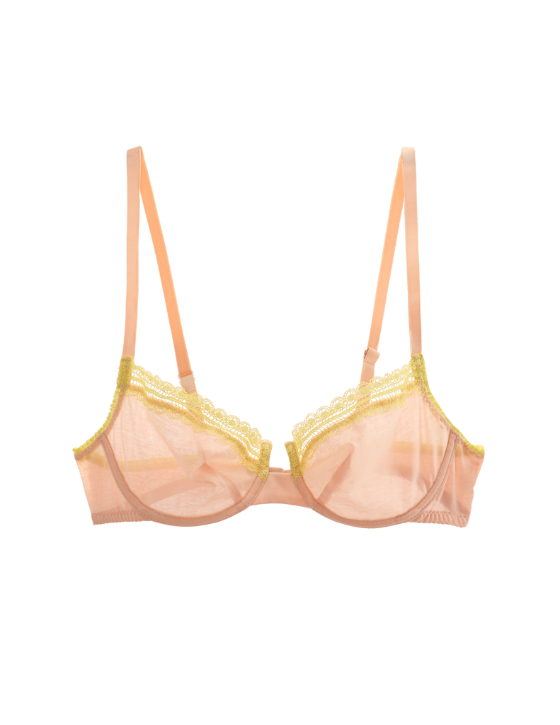 Flat image of soft peach colored underwire bra made from soft cotton with a yellow cotton lace trim.