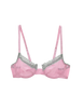 Flat image of soft purple colored underwire bra  made from soft cotton with a cotton lace trim.