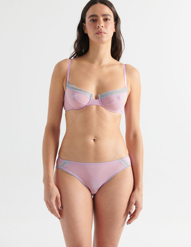 Front view image of model wearing purple colored cotton crepe underwire bra with matching panties. 