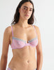 Detail front shot image of model wearing purple colored cotton crepe underwire bra.