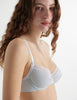 Close up view of the woman wearing cloud blue cotton chloe bra