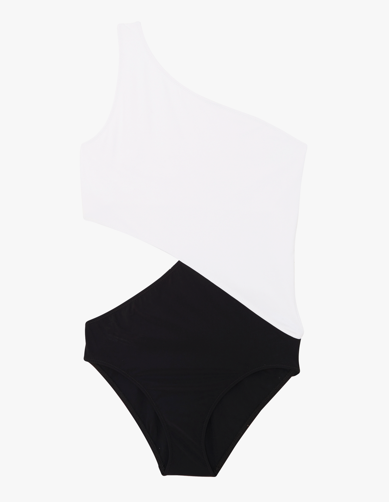 A flat of black and white one piece swimsuit.