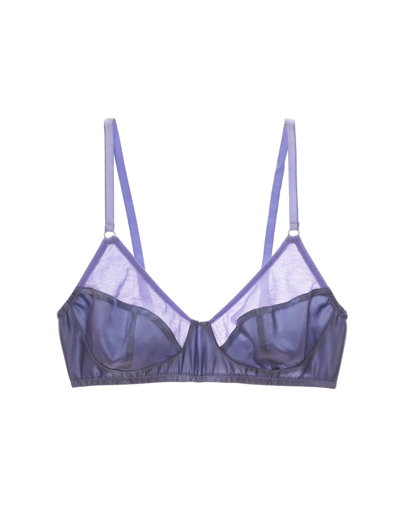 Flat image of blue cotton with purple silk bralette.