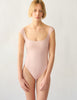 On model front view image of light pink one piece swimsuit