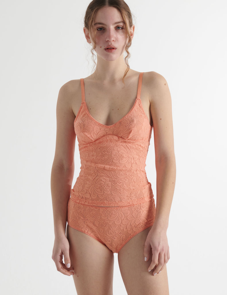 Woman in orange Georgia Lace cami and Imogen lace hipster