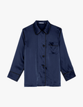 Navy Silk pajama long sleeve top with black ribbon and piping