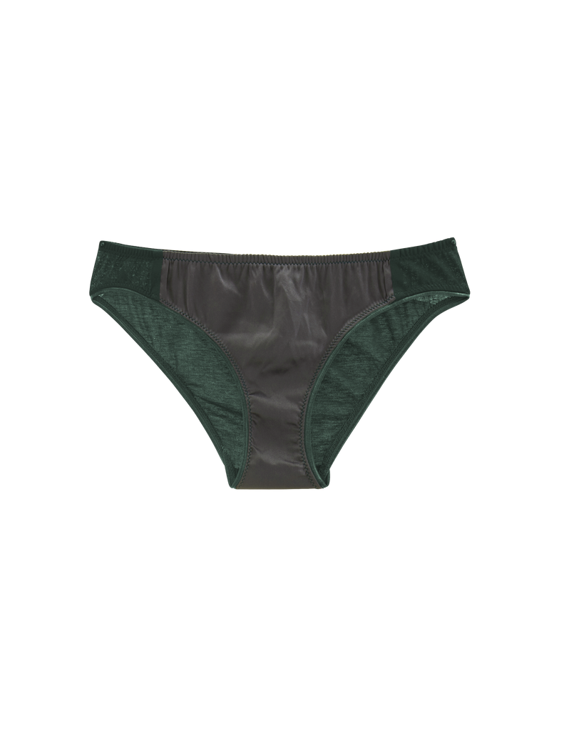 Flat image of dark grey and dark green silk panty