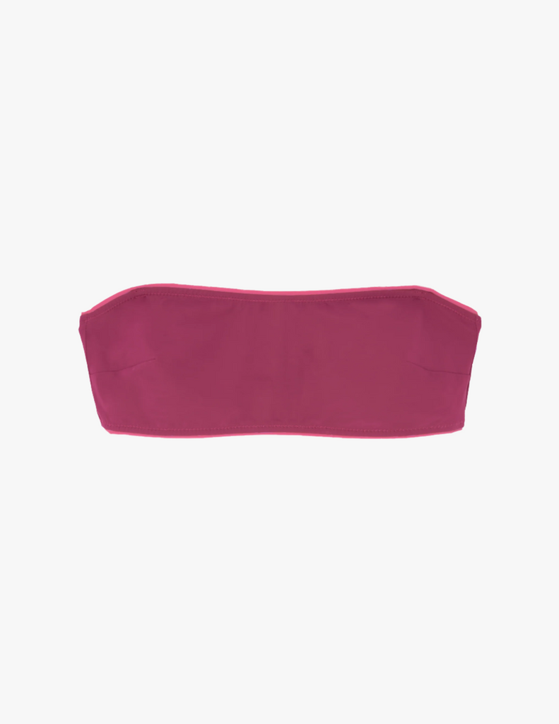 a flat lay front image of the lei bandeau in rust red brown swim suit top 