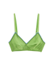 Flat image of green bralette with blue trim. 