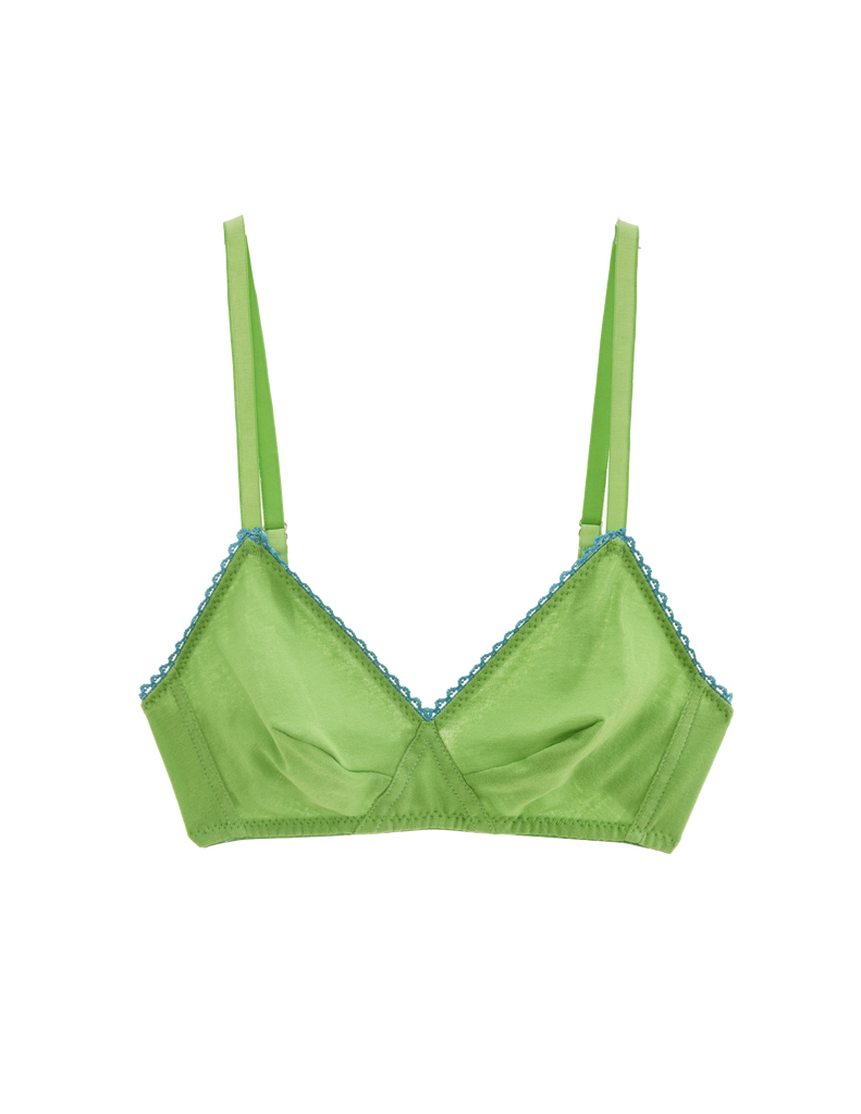 Flat image of green bralette with blue trim. 