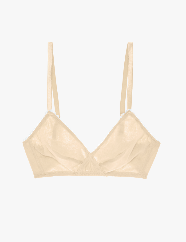 Flat image of undyed cotton bralette. The term "greige" is a blend of "grey" and "beige," the typical colors of unprocessed, natural cotton