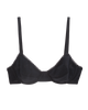 Flat image of black cotton underwire bra with black trim. 