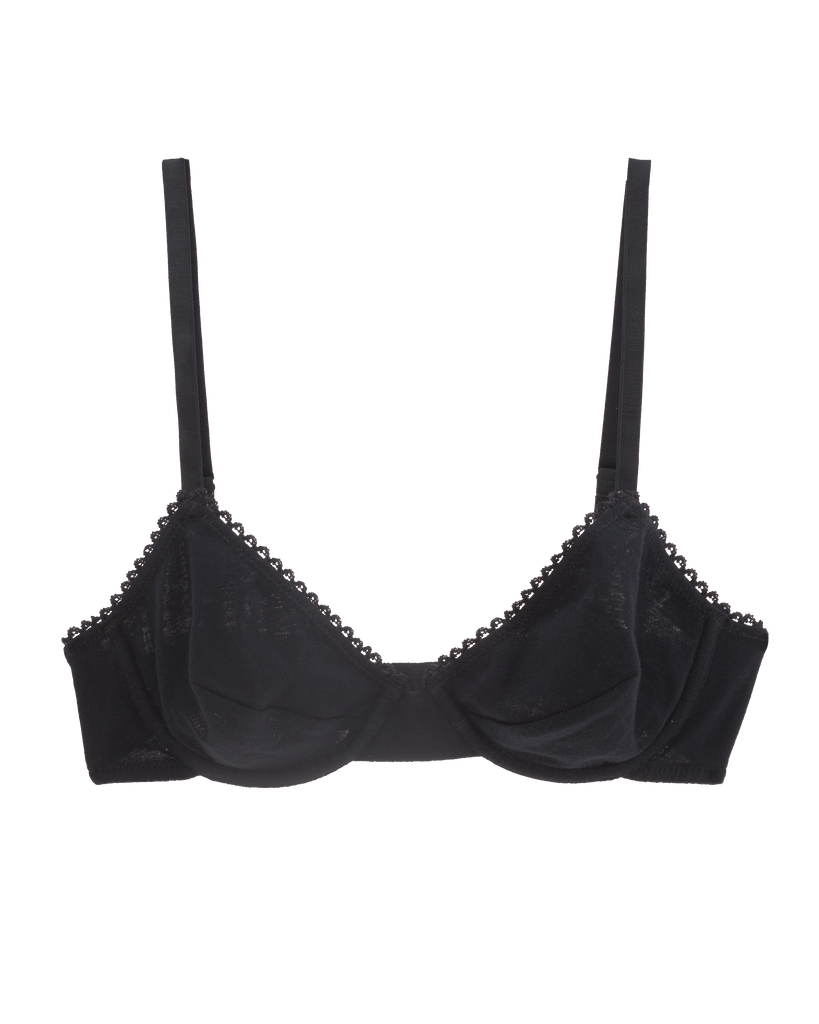 Flat image of black cotton underwire bra with black trim. 