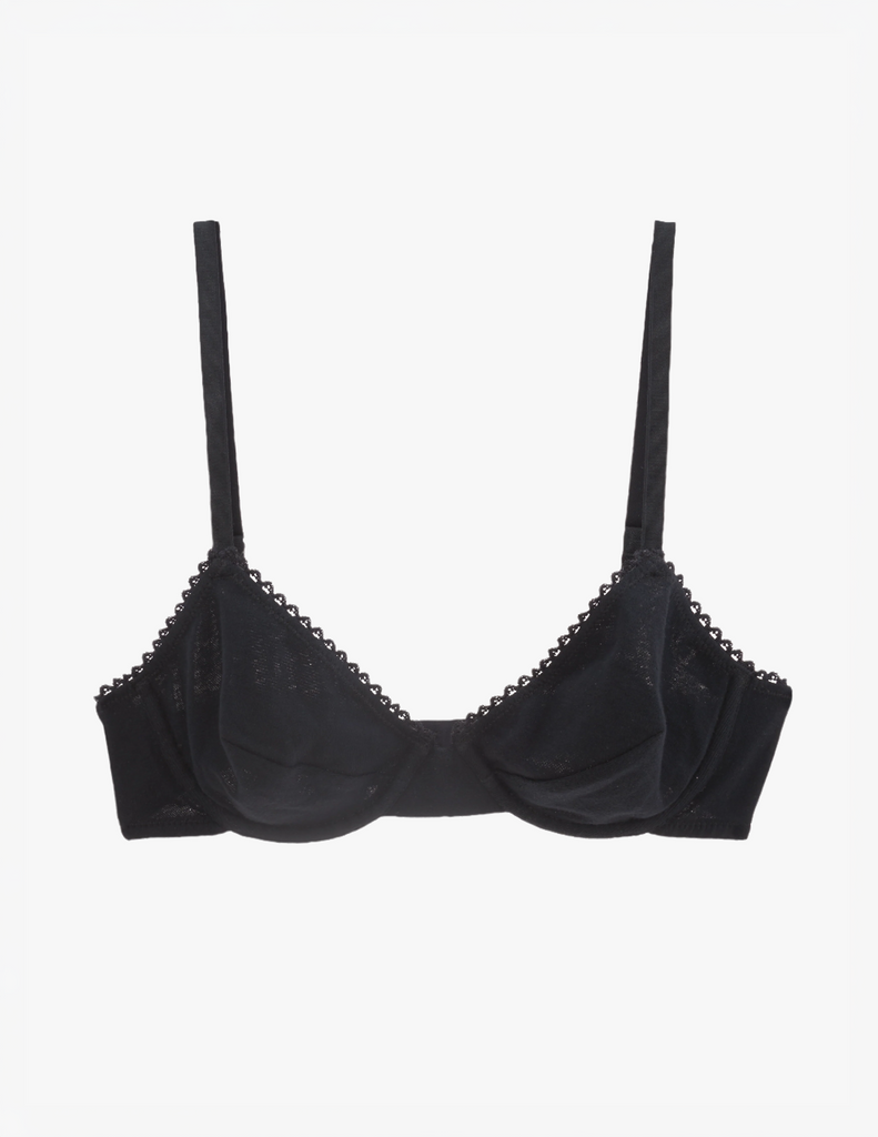 Flat image of black cotton underwire bra with black trim. 