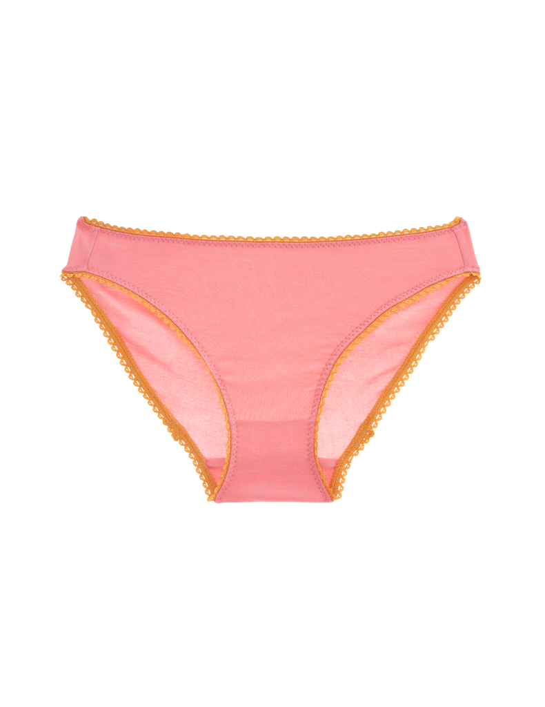 Flat image of pink cotton panty with yellow trim. 