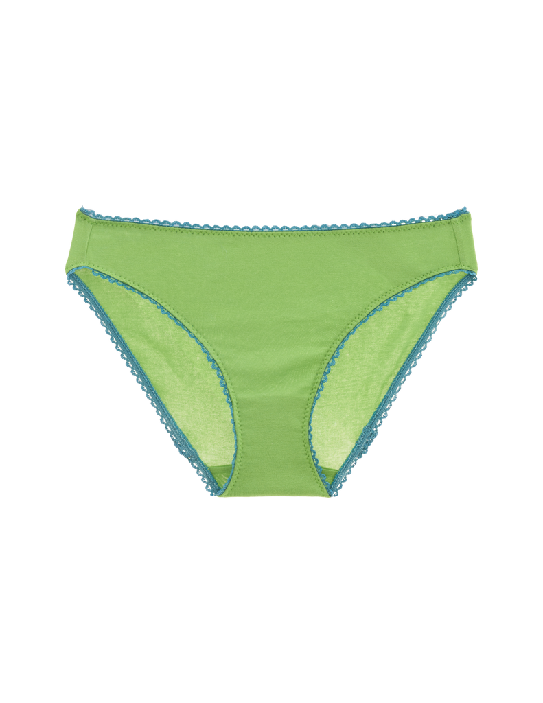 Flat image of green cotton panty with blue trim. 