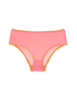 Flat image of pink cotton hipster panty with yellow trim. 