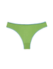 Flat image of green cotton thong with blue trim.