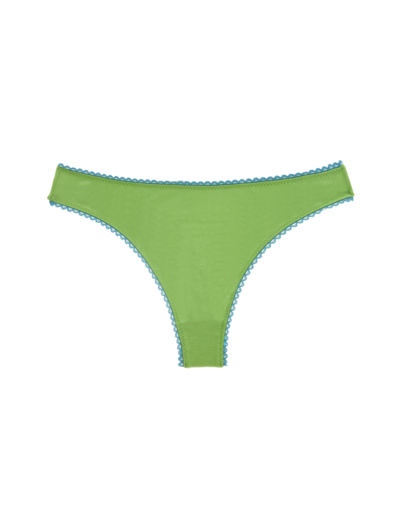 Flat image of green cotton thong with blue trim.