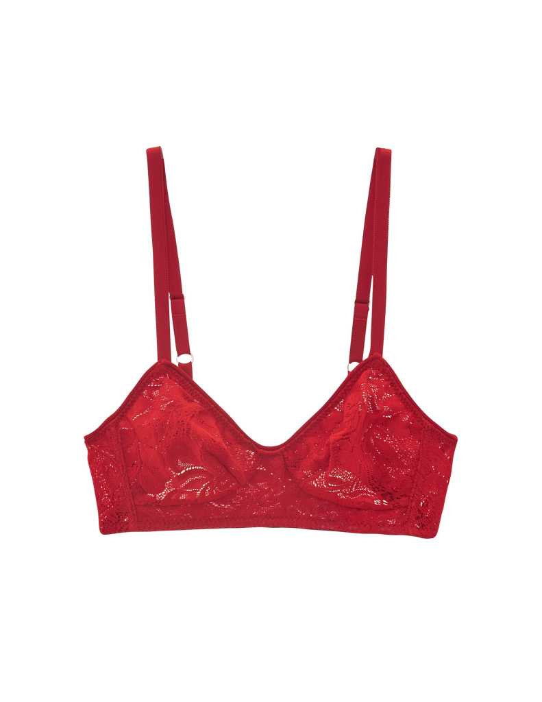 Flat of red lace bralette