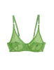 Flat image of green lace underwire bra. 