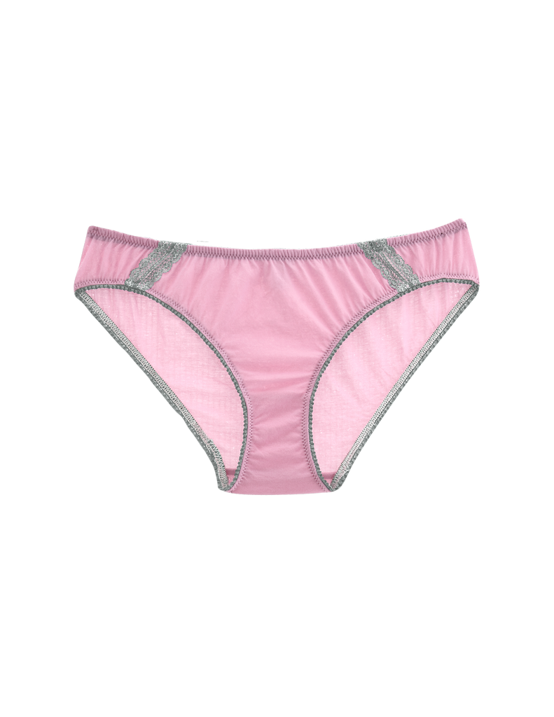 Flat image of a soft purple colored panty made from soft cotton with a cotton lace trim.