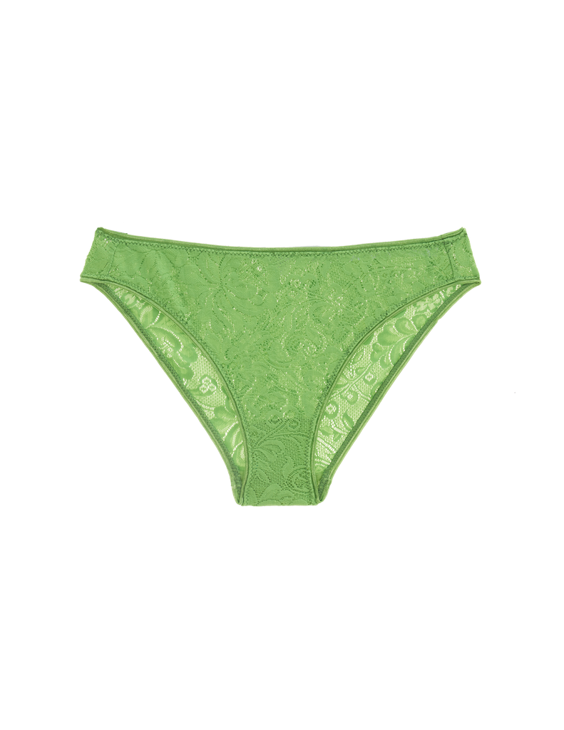 Flat image of green lace panty. 