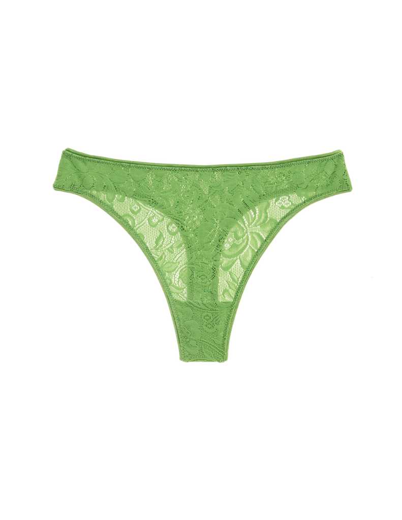 Flat image of green lace thong. 