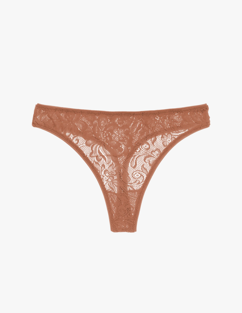 brown lace mid-rise thong by Araks