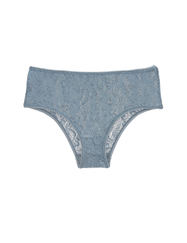 Flat image of grey lace hipster panty. 