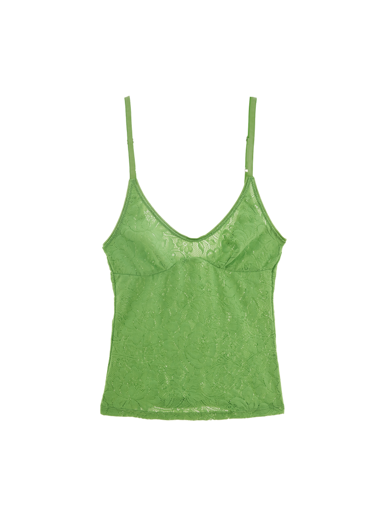 Flat image of green lace cami.