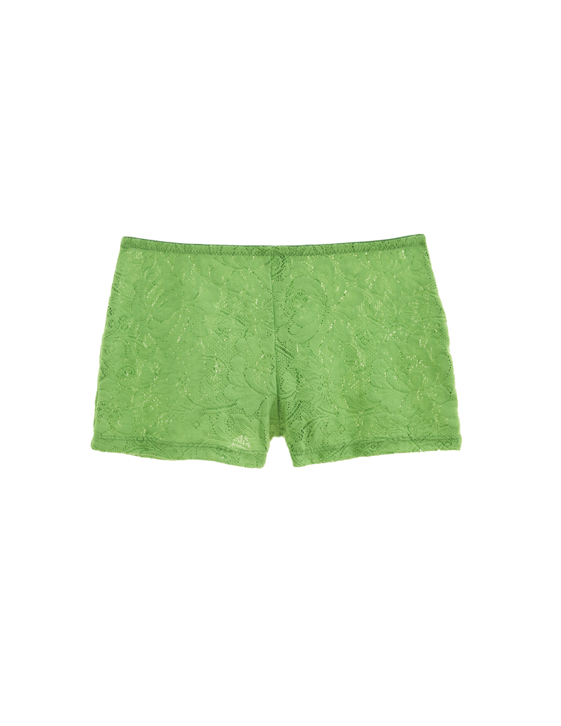 Flat image of green lace shorts. 