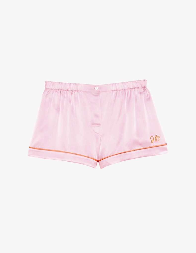 Pink Silk Pajama Shorts with embroidered monogram.